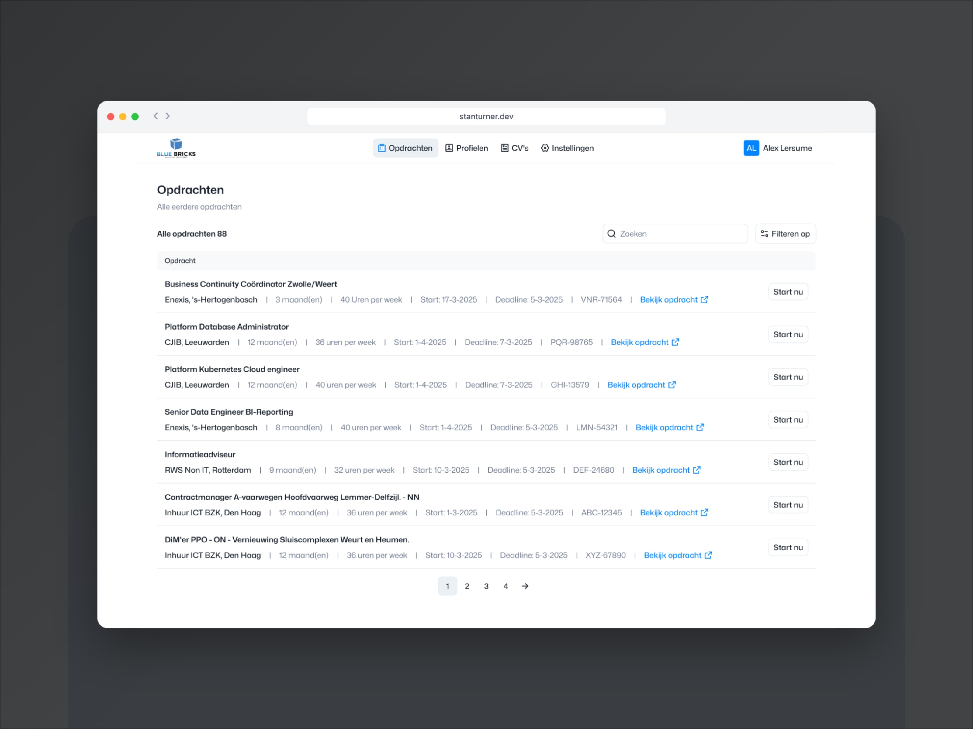 Overzicht van opdrachten in de Blue Bricks CV-tool
