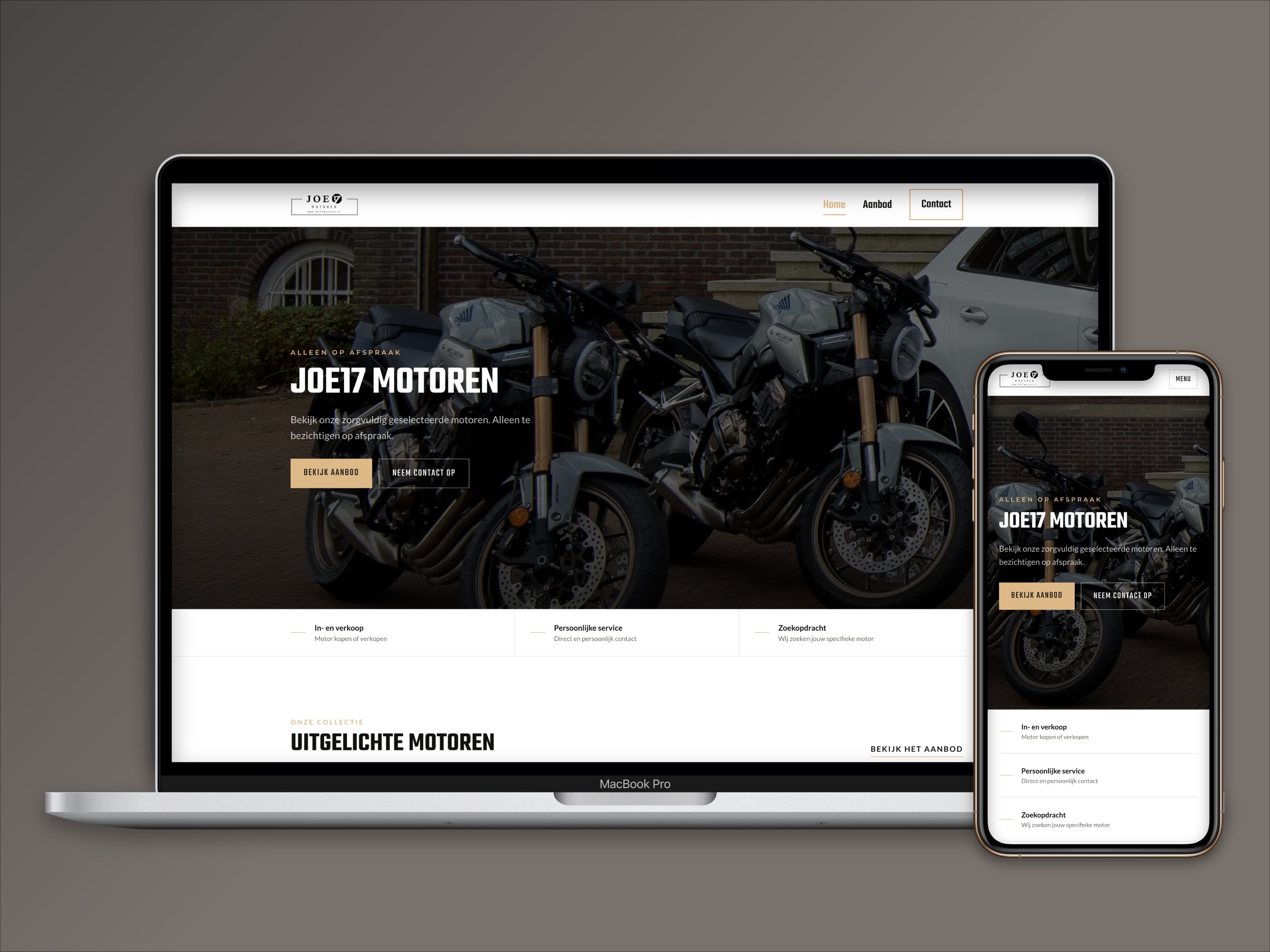 De homepage van Joe17 Motoren op een laptop en telefoon