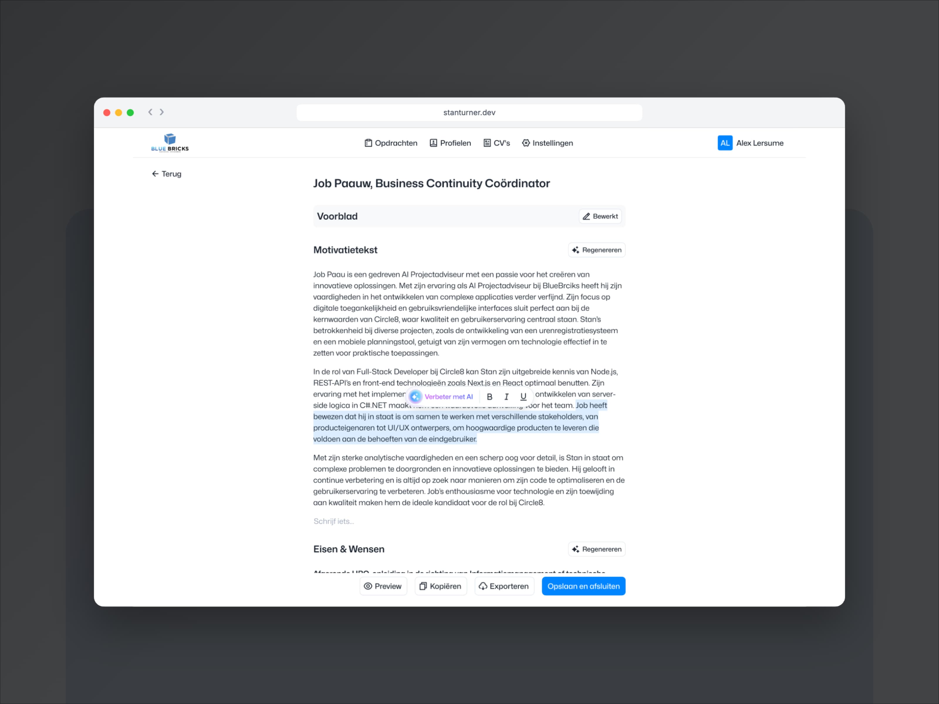 Bewerkbare motivatietekst in de Blue Bricks CV-tool