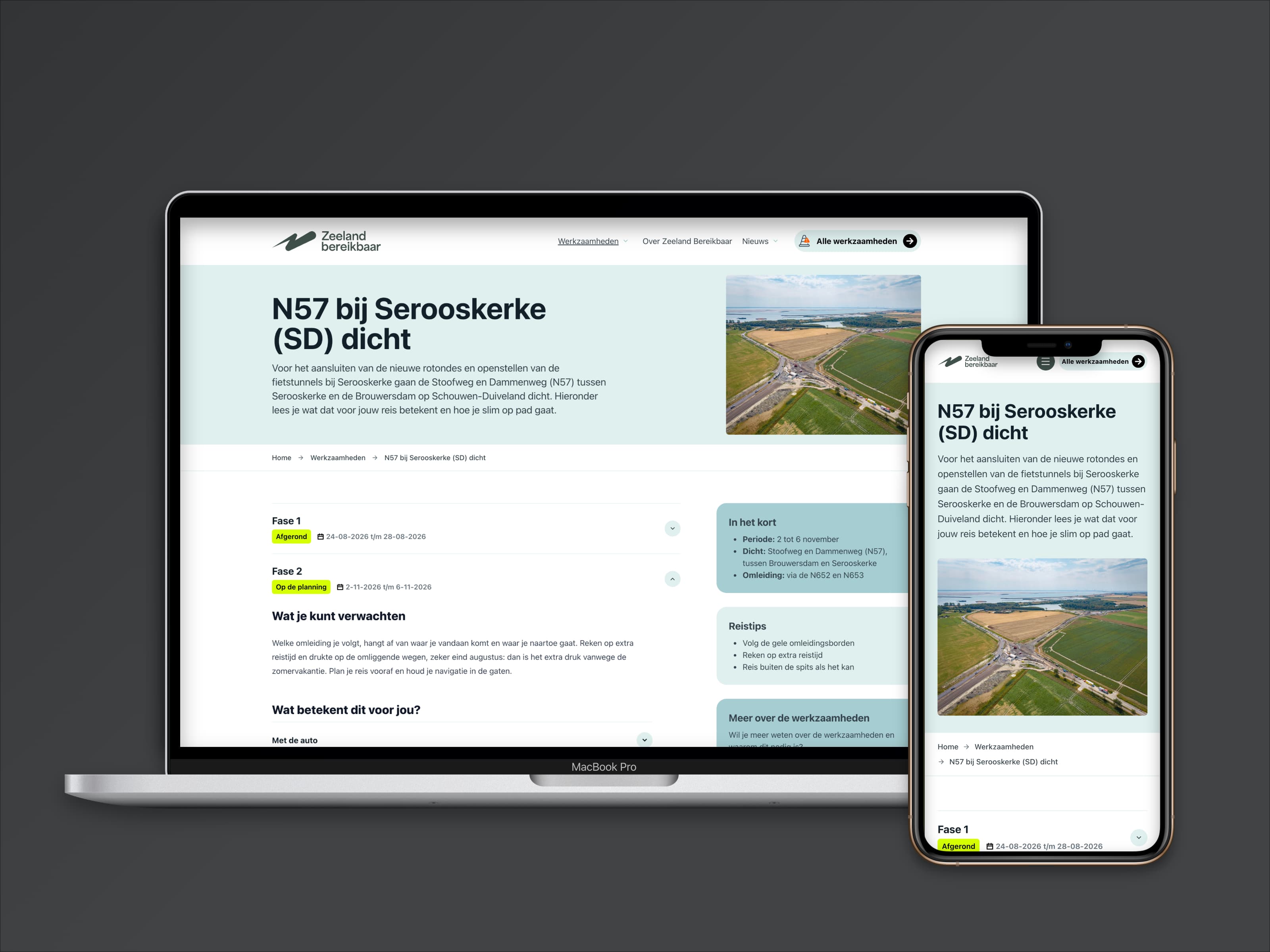 Pagina over de werkzaamheden aan de N57 op een laptop en telefoon
