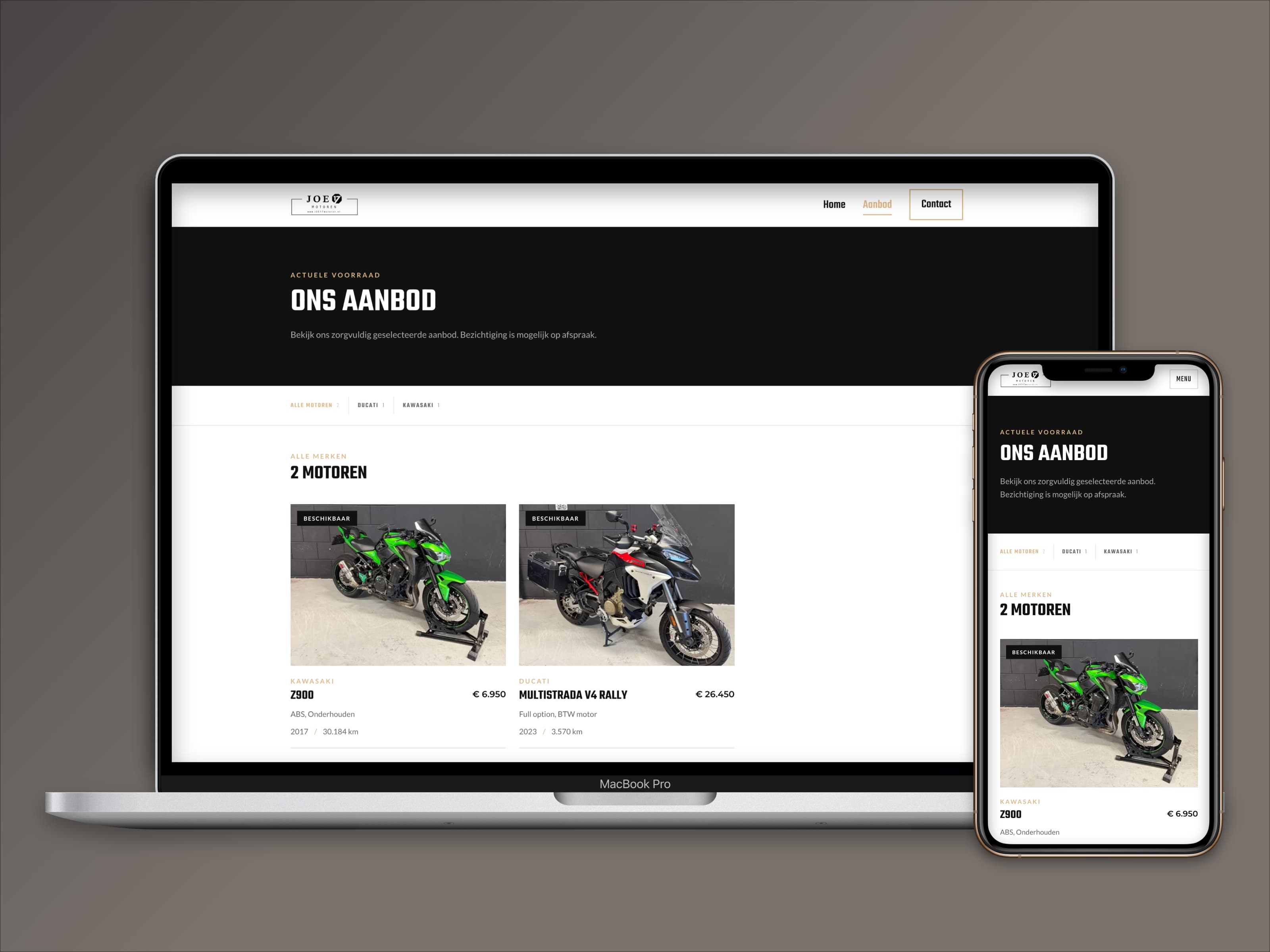Het aanbod van Joe17 Motoren op een laptop en telefoon